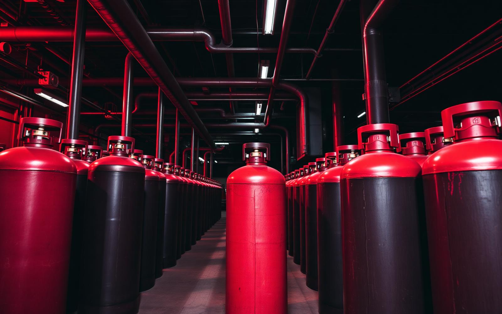 Rows of industrial gas cylinders